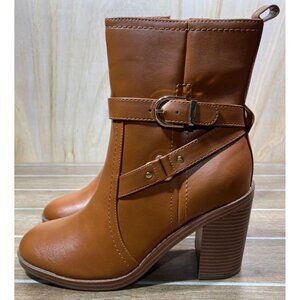 Liz Claiborne Size 9.5 Wide Olinda Cognac Faux Leather Block Heel Ankle Boots